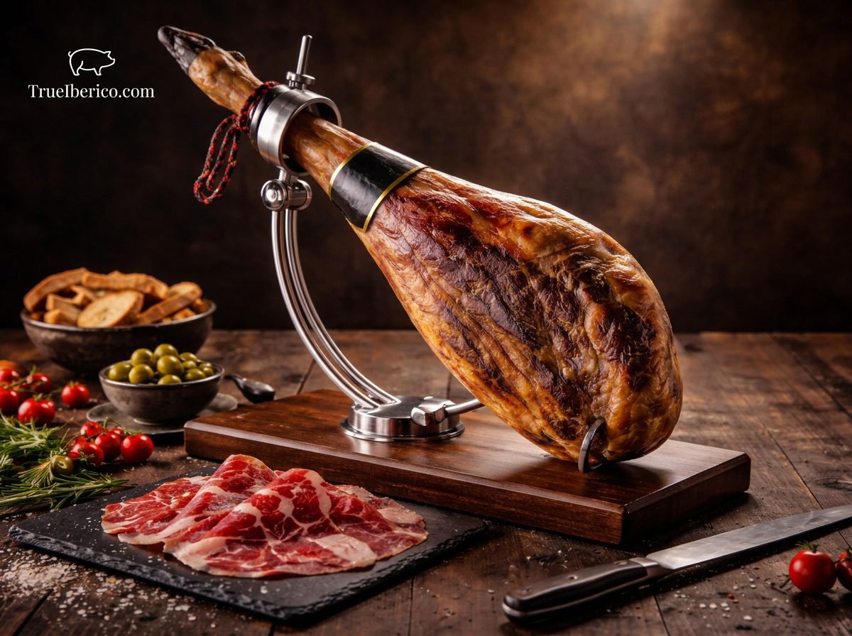 Whole jamón ibérico leg on a carving stand with freshly cut slices